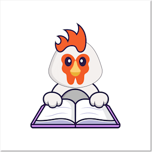 Cute chicken reading a book. Posters and Art